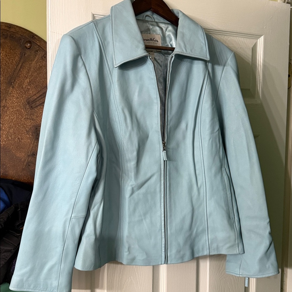 Pamela McCoy Sky Blue Satin Leather Jacket